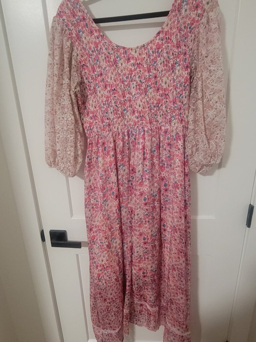 Melloday Pink Floral Smocked Top Fully Lined Maxi Dress - Size Large - Picture 5 of 8